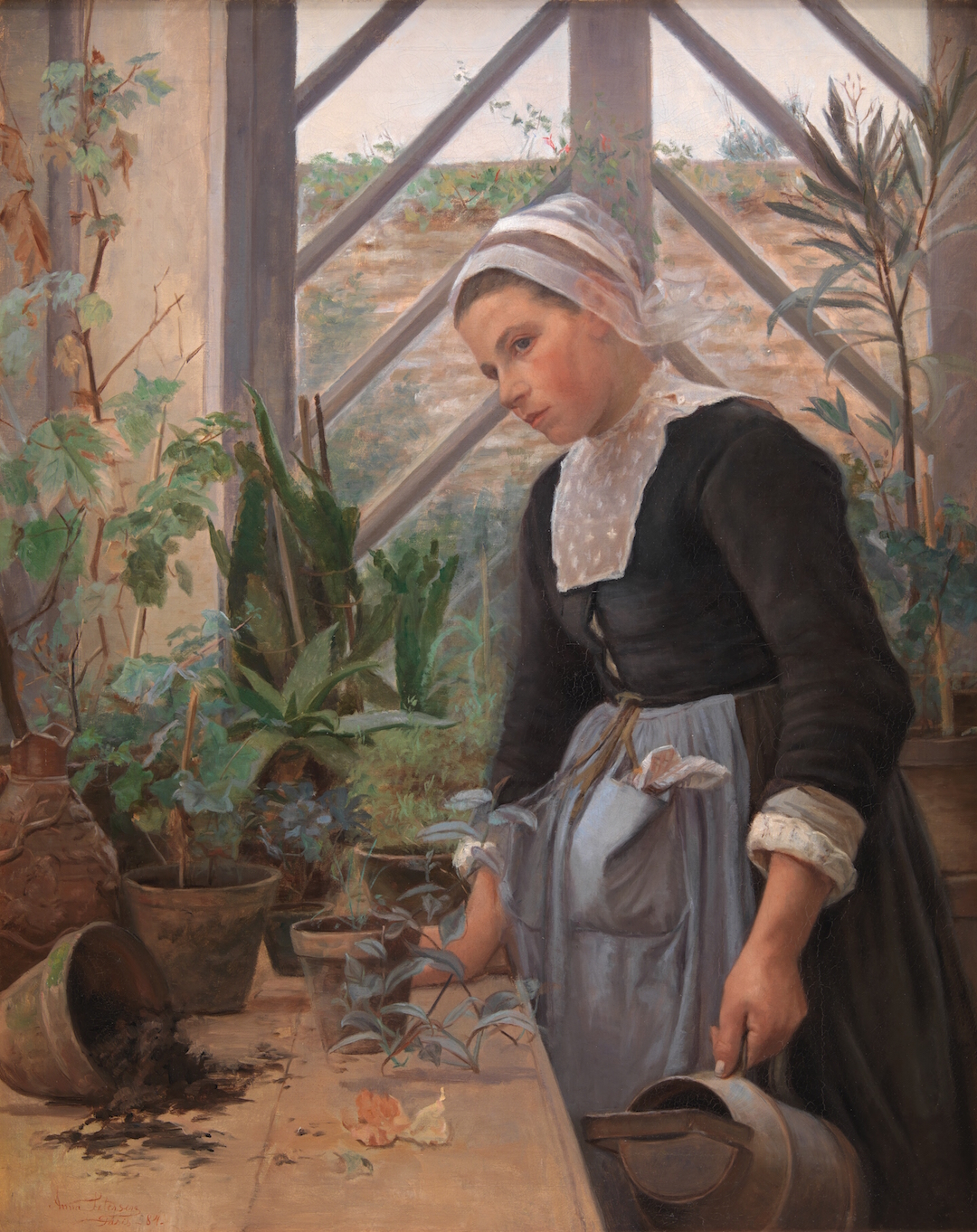a woman, potted plants, one broken