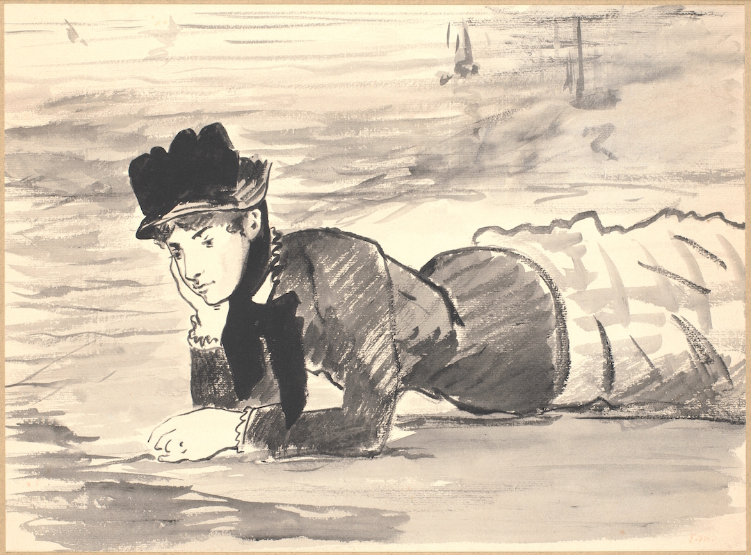 Kohlezeichnung einer Frau, liegend, mit Hut